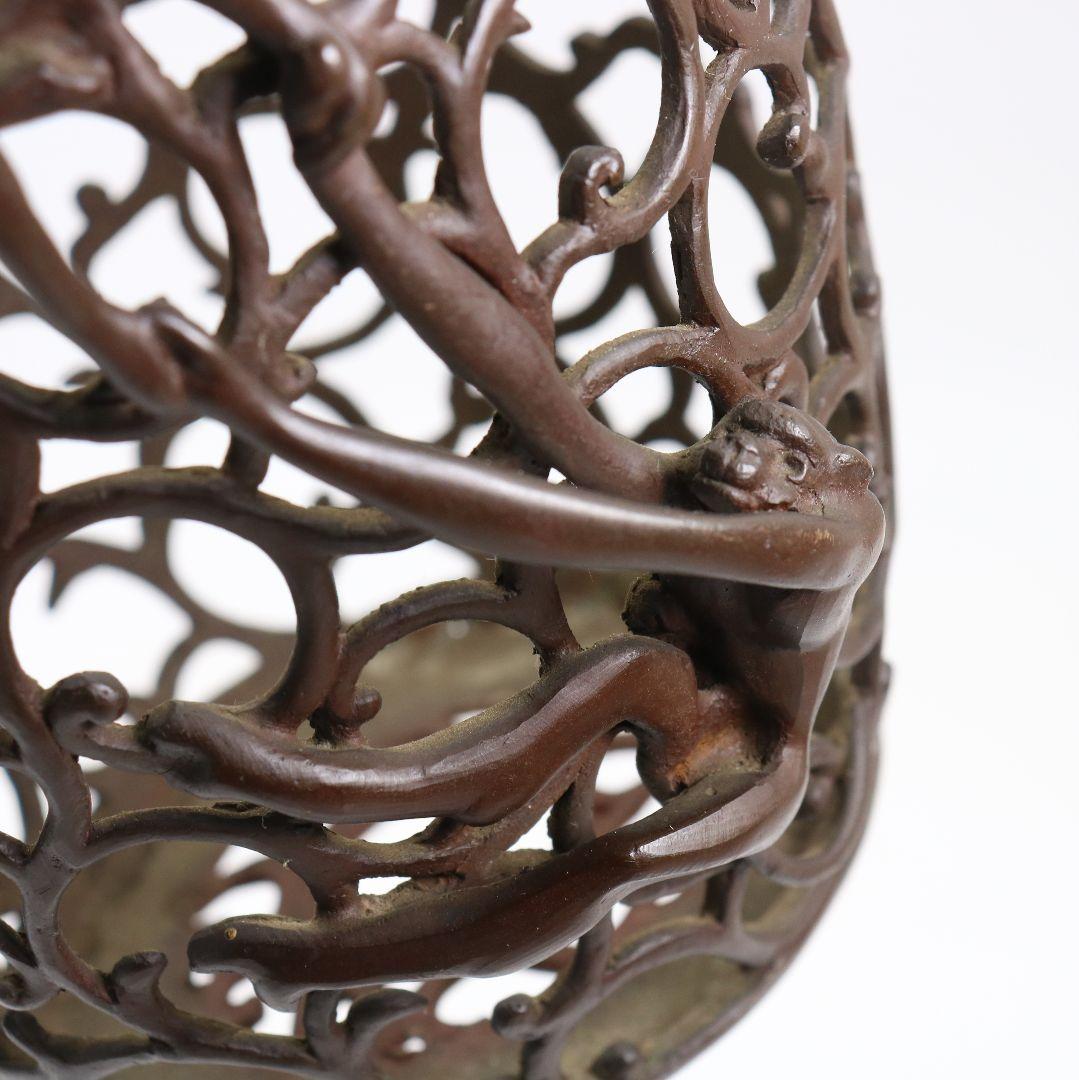 鋳師 金森浄栄作 鋳銅 蝋型 猿文 壷 花入 高岡銅器 共箱　AL826