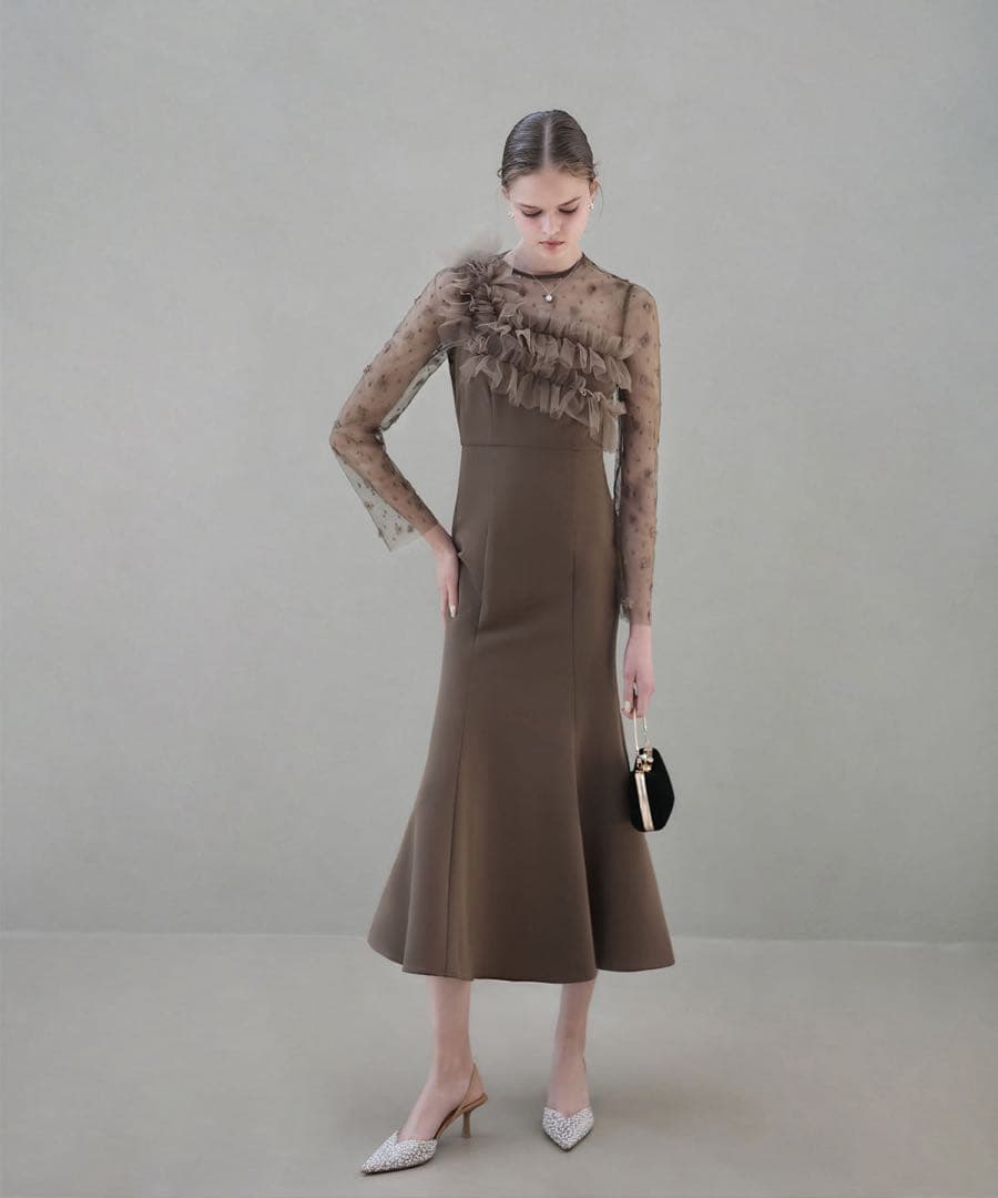 LEJA フラワーモチーフアシンメトリーチュールマーメイドワンピースドレス