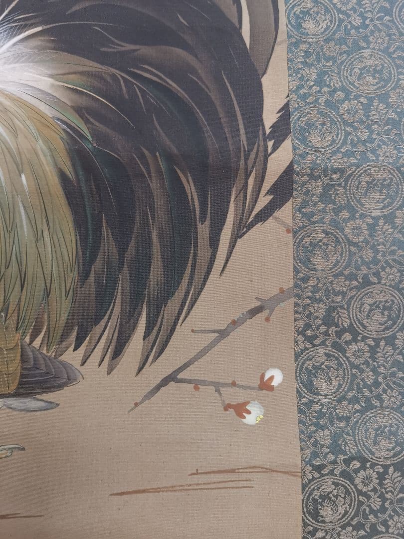 掛軸 弓家恒畝（ゆやこうほ）肉筆 群鶏図 自筆共箱 軸先は鹿角