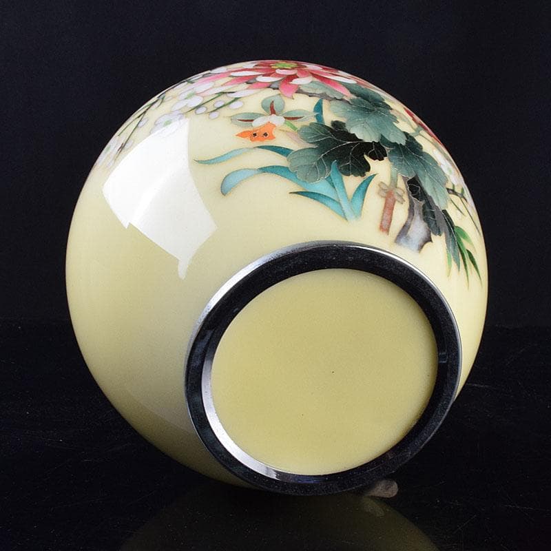 七宝焼　林武生作　黄地　四君子文　花瓶　共箱　M　R9341H