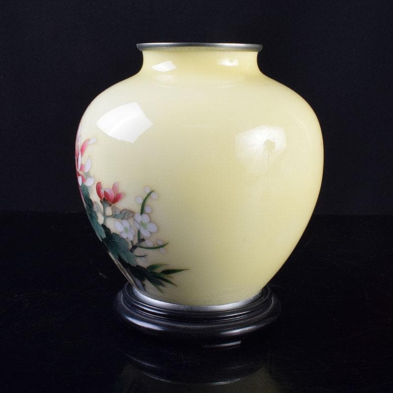 七宝焼　林武生作　黄地　四君子文　花瓶　共箱　M　R9341H