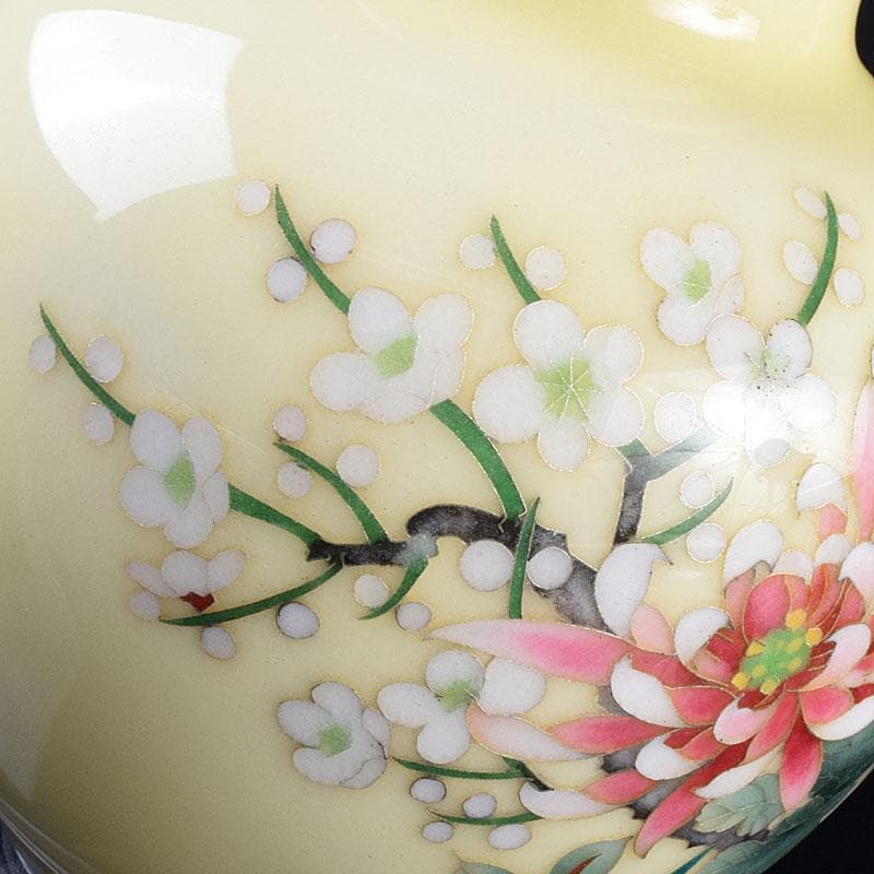 七宝焼　林武生作　黄地　四君子文　花瓶　共箱　M　R9341H