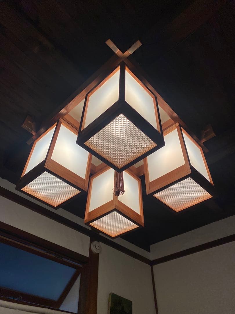 zz出品　　職人仕上げ 吊り下げ照明 木枠×乳白アクリル 60cm角