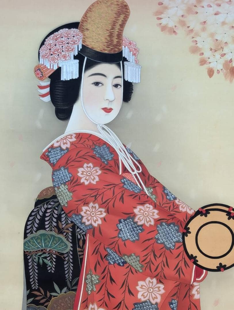 【真作】掛軸　艶やか美人画　花魁図　桜と花魁の華やぎ　二重箱入（合箱）　R138