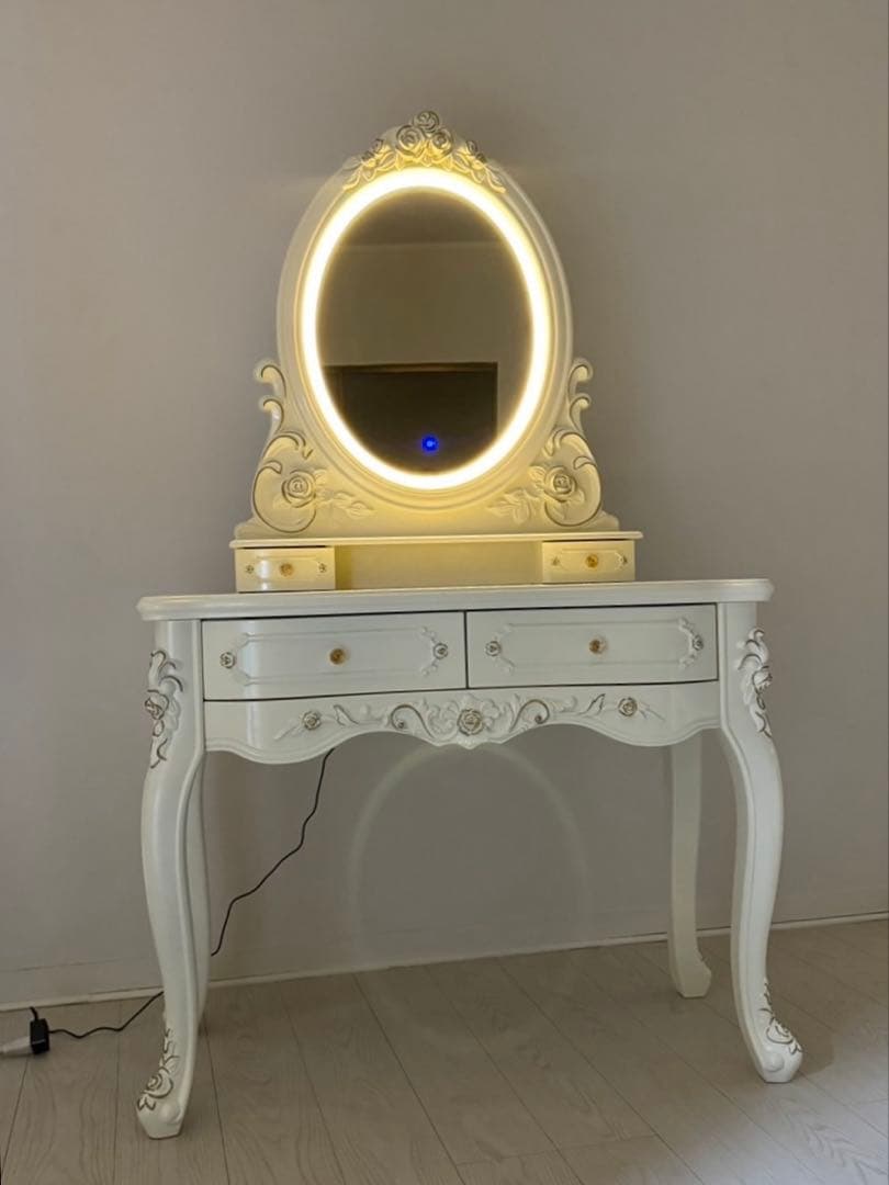 LEDミラー付きロココ調アンティーク可愛いドレッサー化粧台 横幅100cm