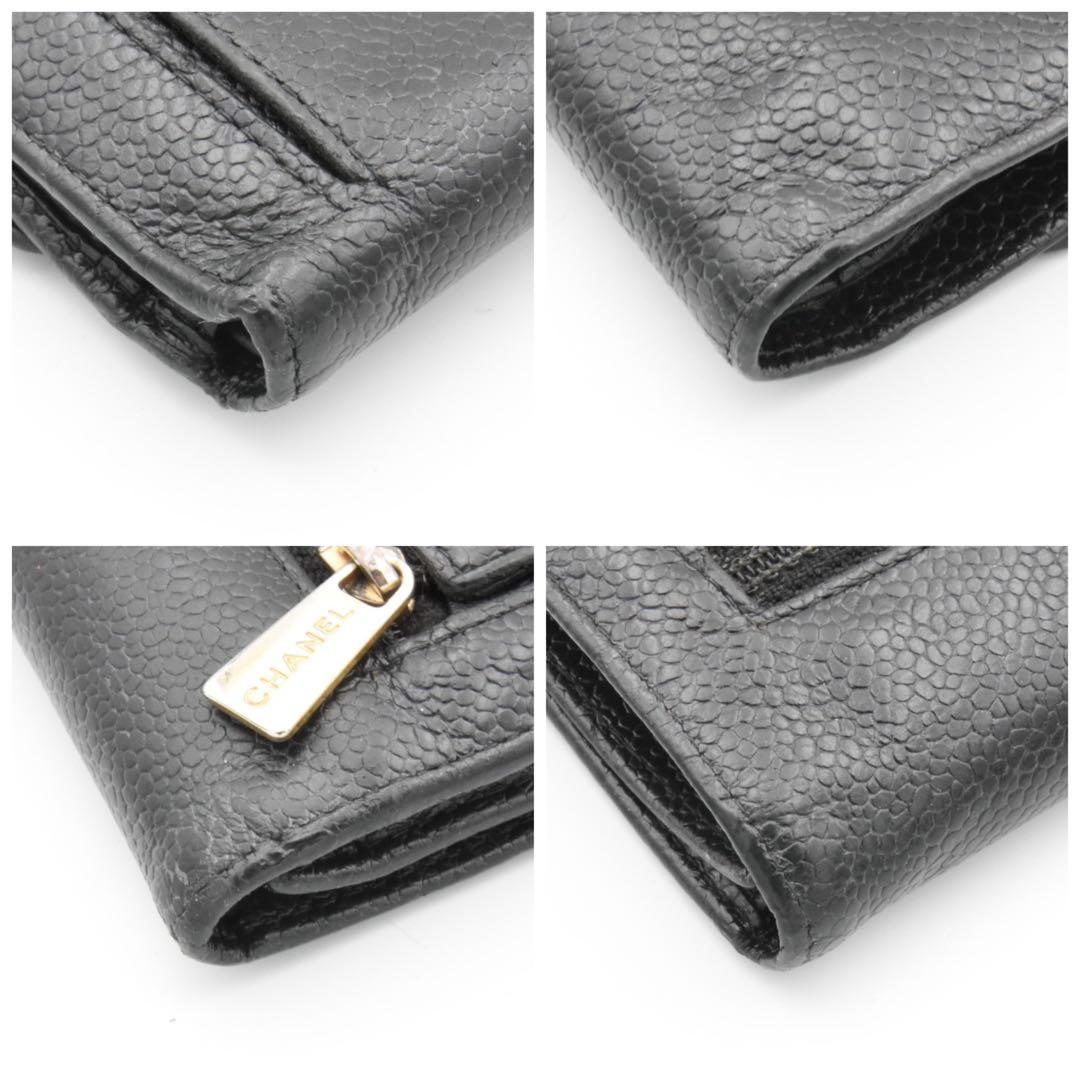 CHANEL ブラックレザー 三つ折り財布　キャビアスキンココマーク