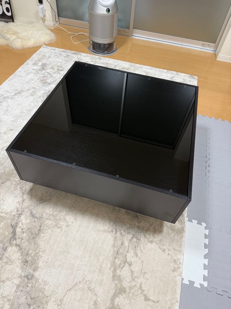 【ma】ガラスセンターテーブル ブラック 引き出し付き 木目スモークガラス