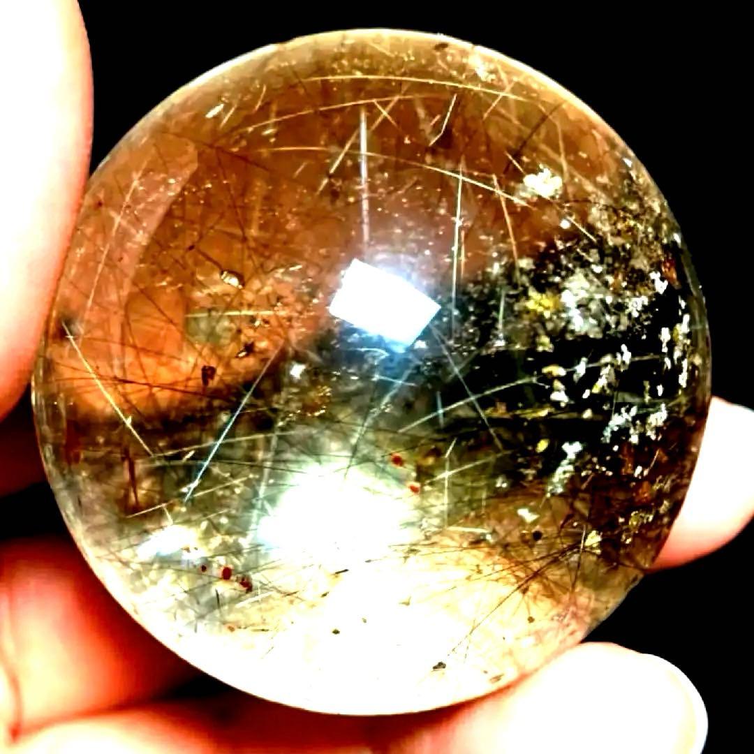 46mm ゴールドルチルクォーツ　丸玉　スフィア　金針水晶