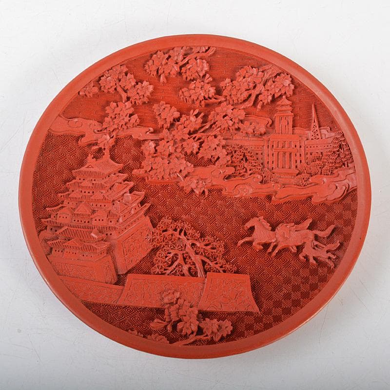 中国　堆朱　山水楼閣文盤　飾皿　飾立付　V　6535