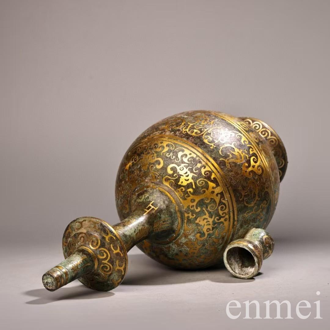 中国古美術・旧蔵搓金装飾と銘文入りの青銅製酒壺と油灯・青銅・純手作り・置物・酒壺