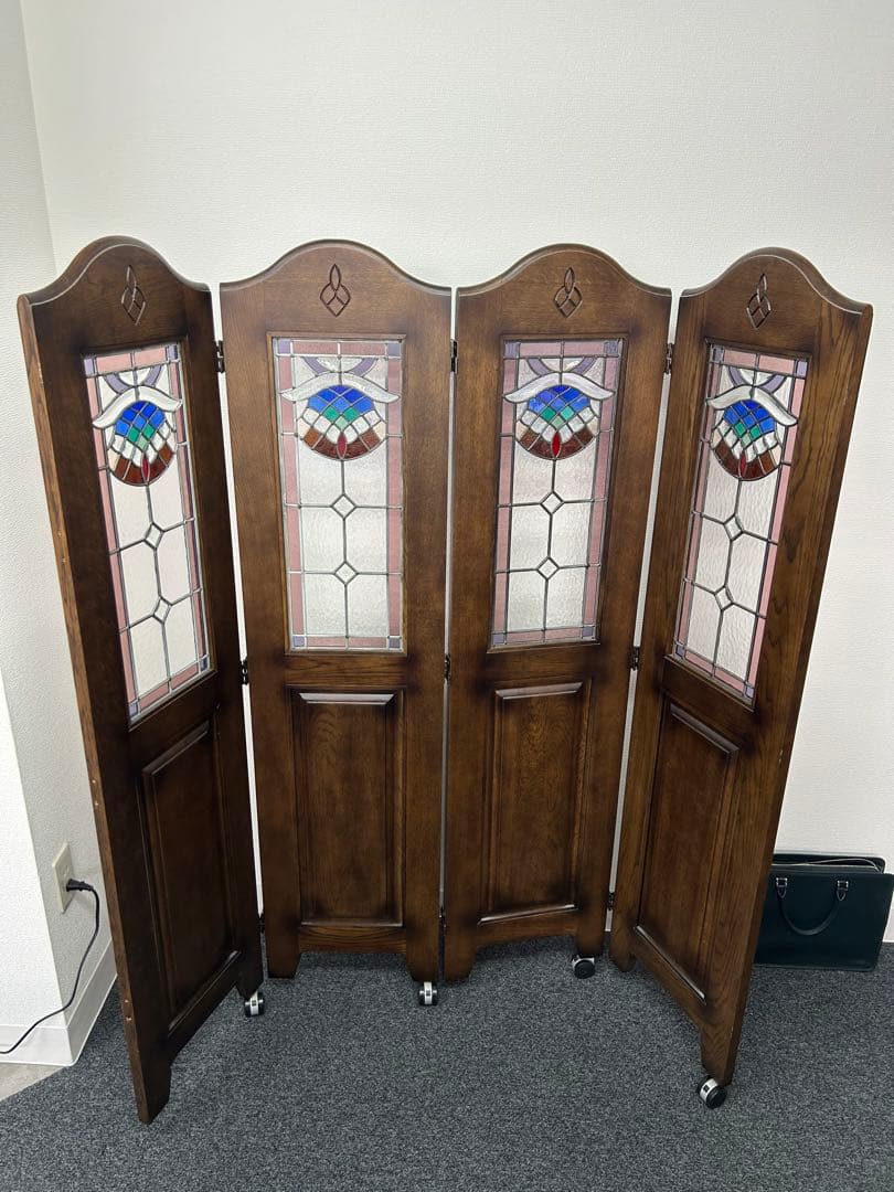 【引き取り限定】ステンドグラス 4連パーテーション アンティーク調 美品