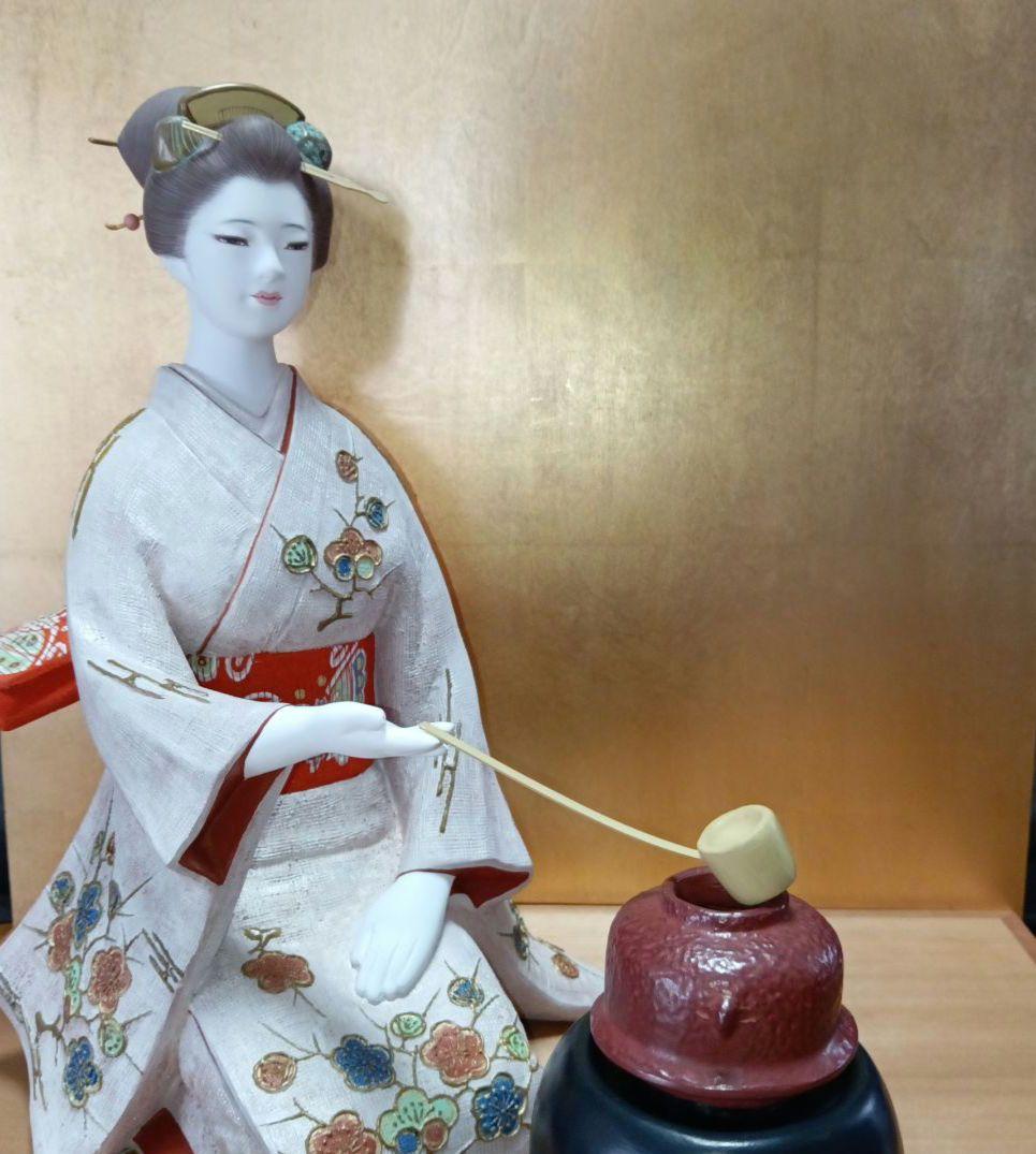 【伝統工芸品】博多人形　点茶　吉武國明氏作　ガラスケース付き　日本人形