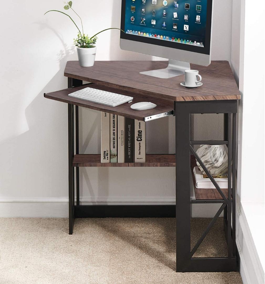 コンパクトデザインの頑丈な三角デスク - ラックとキーボードトレイ付き、A4対応