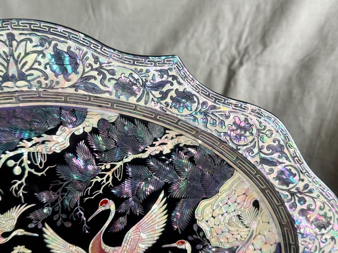 韓国製 螺鈿細工 飾り皿 桹材 金榮萬作 置物 シェル 工芸品 貝細工 トレー