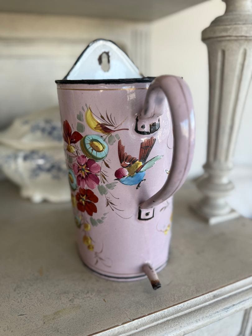 フランスアンティーク激レアピンクの小鳥とお花のハンドペイントホーローイリゲーター