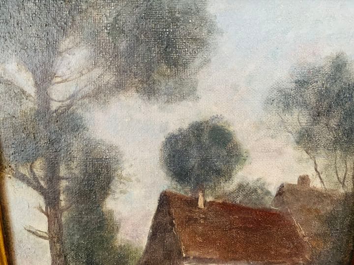 19世紀イギリス油絵、小池側の家