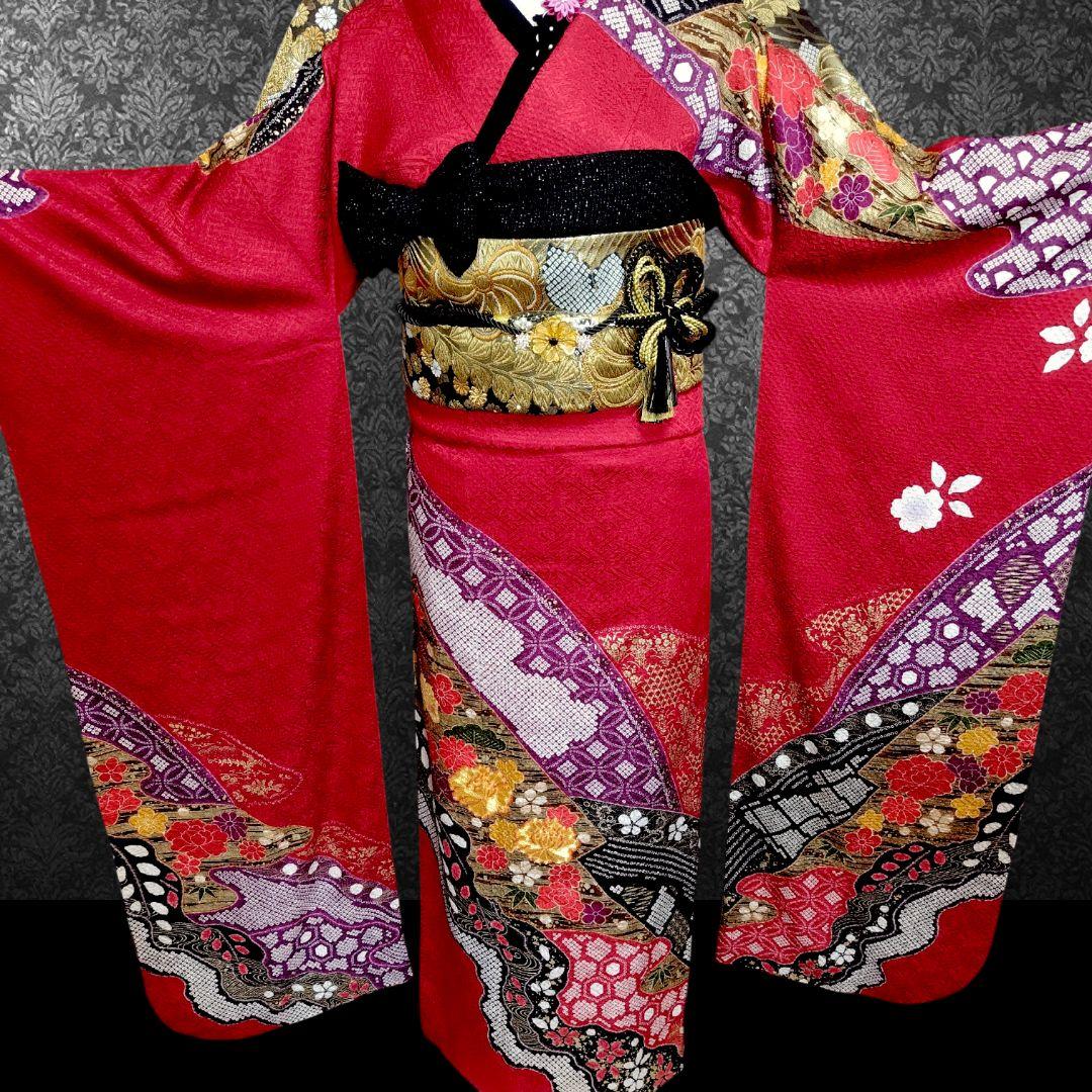大特価SALE中☆振袖フルセット(7点)・成人式・総絞り・エンボス加工・金駒刺繍