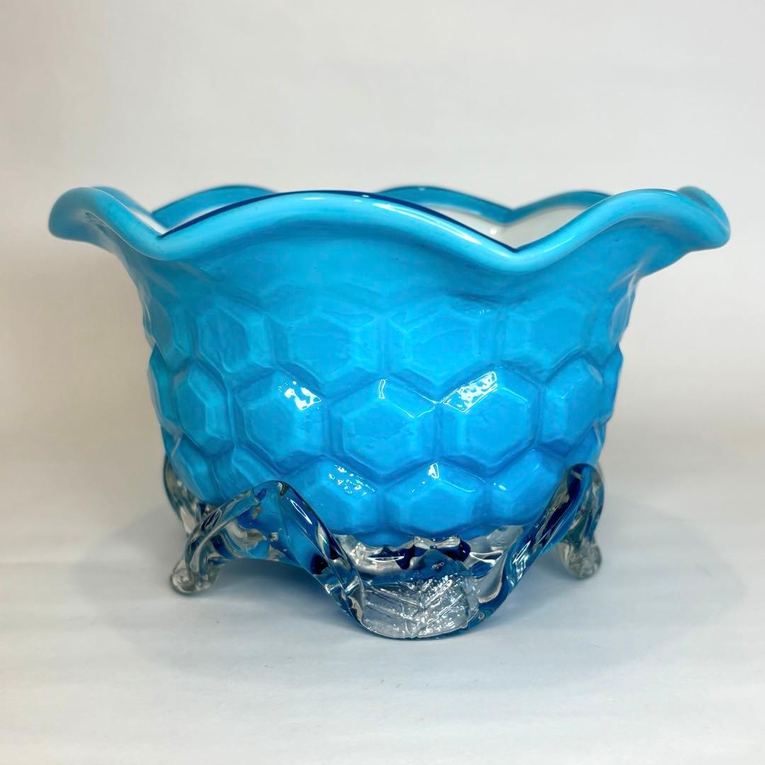 昔ガラス　アンティーク　花縁　フリル　亀甲紋様　ガラス　コンポート　ブルー