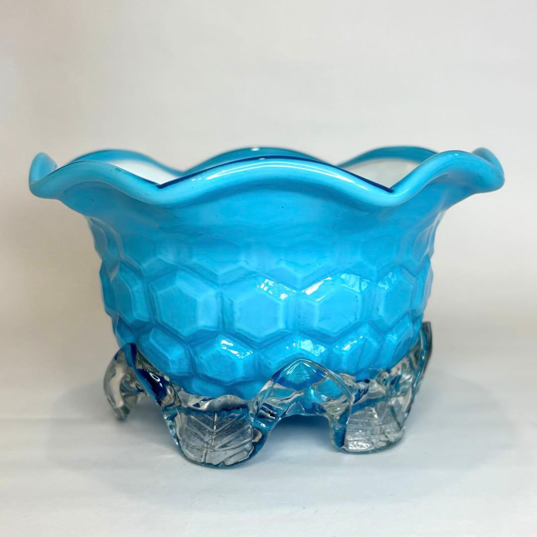 昔ガラス　アンティーク　花縁　フリル　亀甲紋様　ガラス　コンポート　ブルー