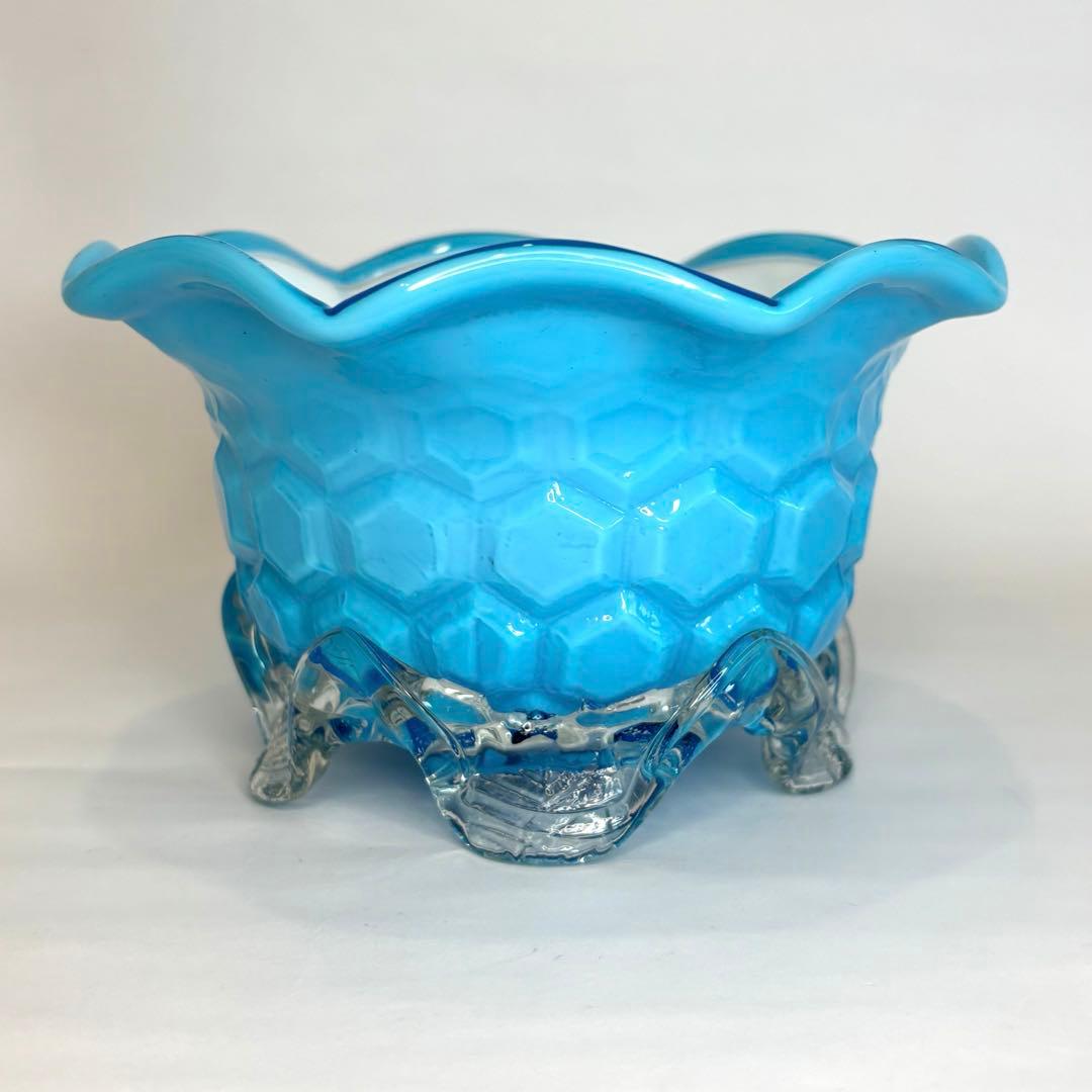 昔ガラス　アンティーク　花縁　フリル　亀甲紋様　ガラス　コンポート　ブルー