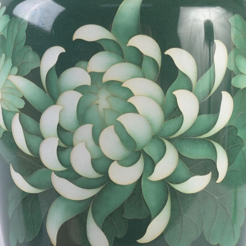 七宝焼　相互七宝謹製　緑釉　花文　花瓶　唐木台付　共箱　V　9837A