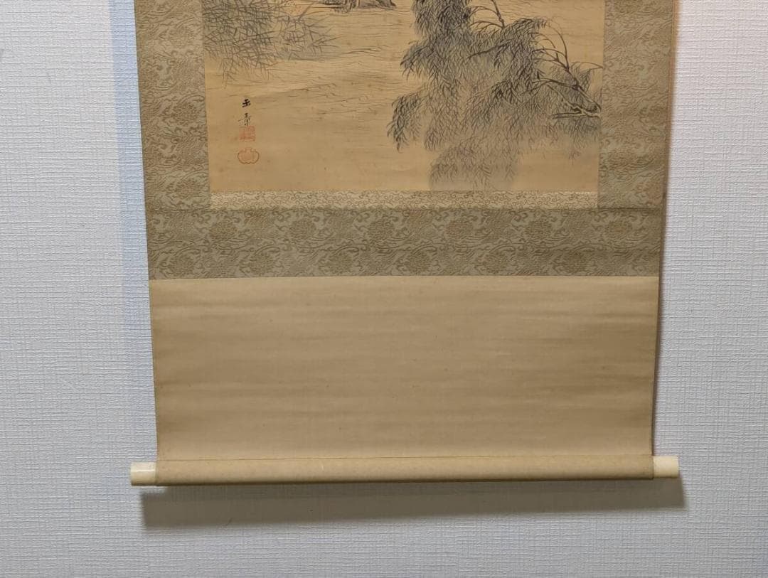 【真作】掛軸　川端玉章　柳蔭漁楽図　日本画 帝室技芸員　二重箱入　U29