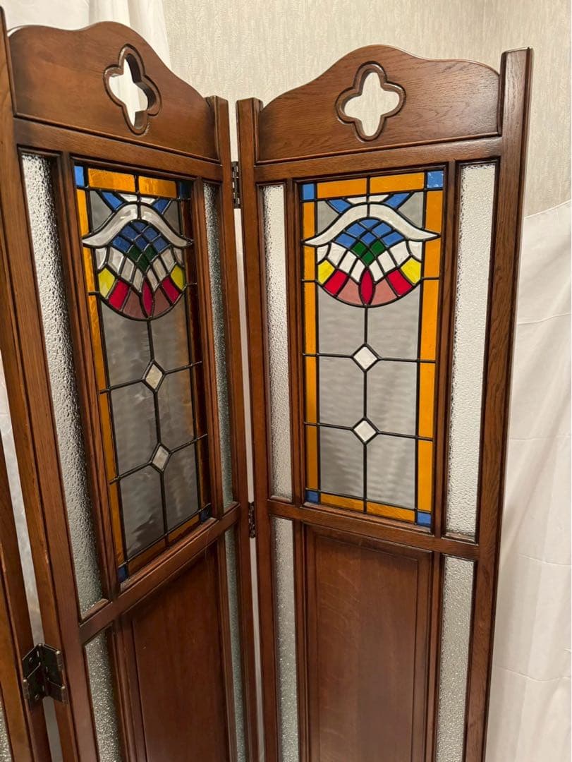 木製　ステンドグラス　パーテーション アンティーク　3連