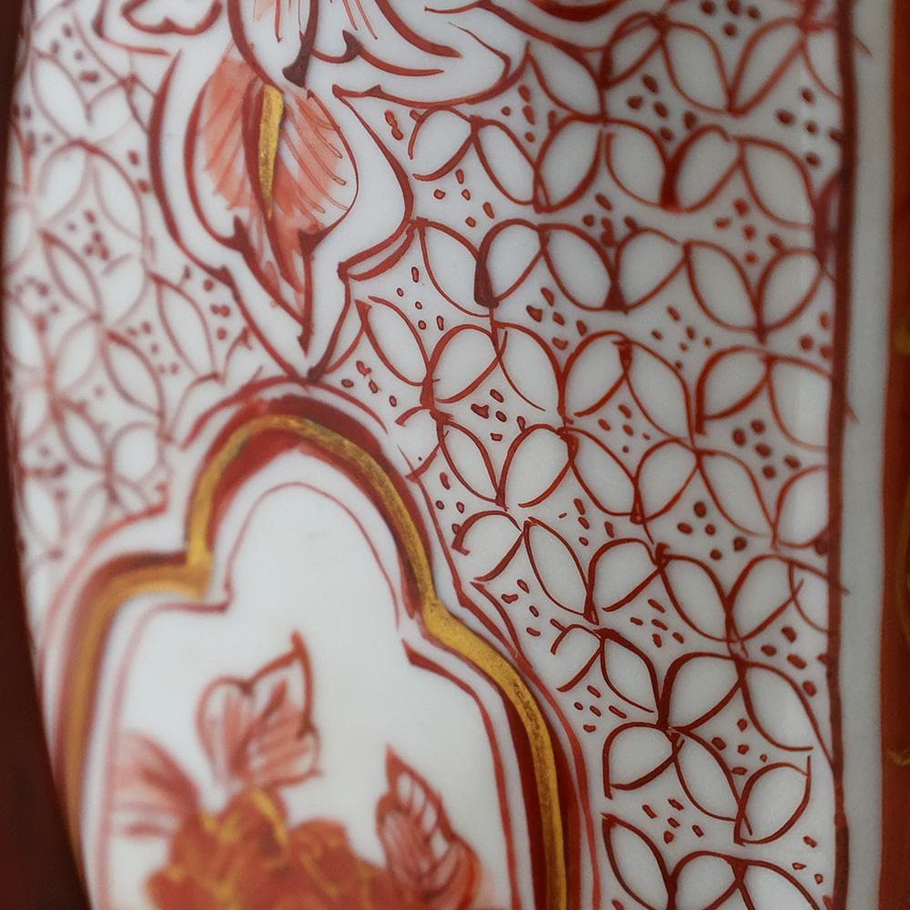 時代年代物 九谷焼 赤絵金彩 唐草 花鳥 楼閣図 水注