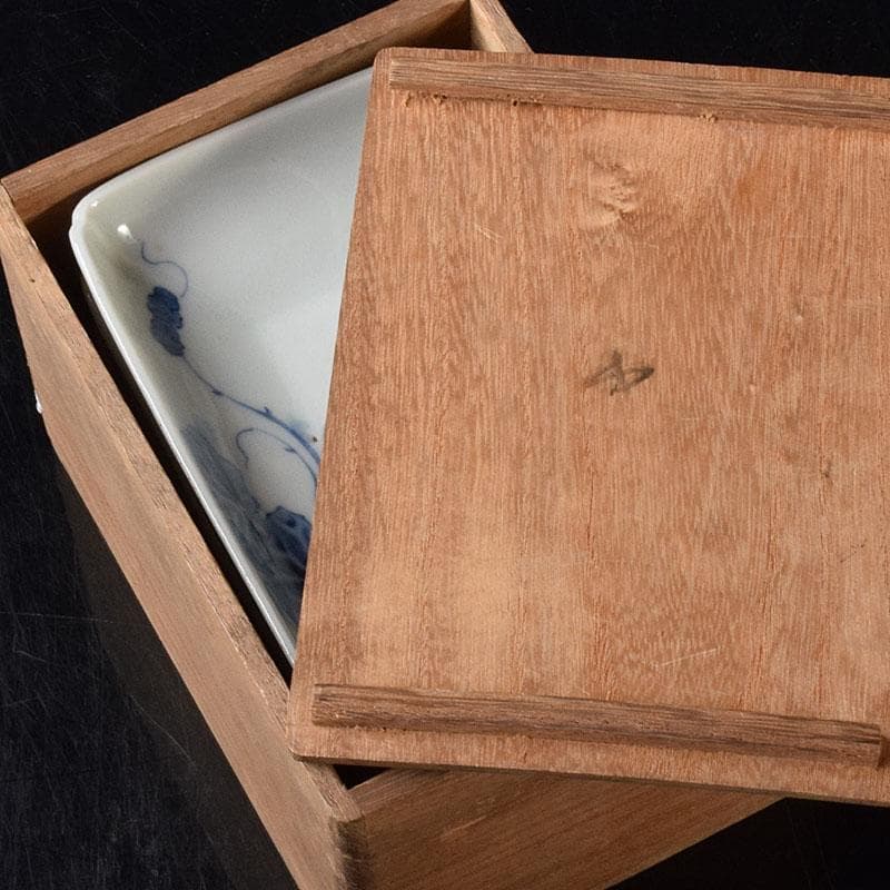 伊万里焼　古伊万里　大川地焼　染付　蓮文　四方向付　五客　時代箱　M　R8185