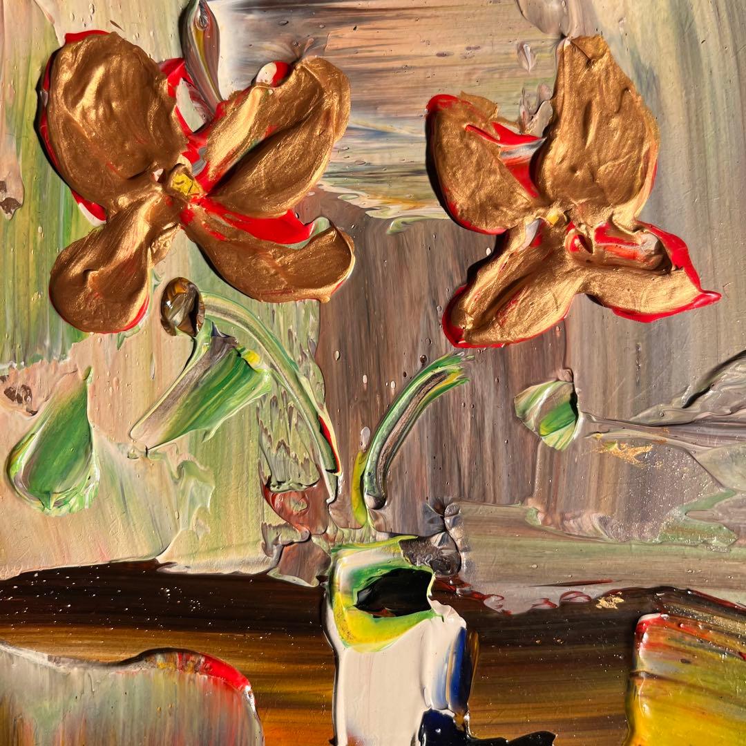 手書き油絵 ゴールドフラワー 額付 絵画 インテリア 油彩画