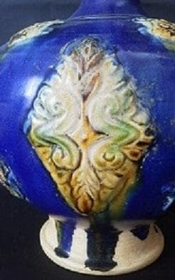 ＊中国古美術/藍釉三彩連弁紋龍耳瓶【保存箱付】