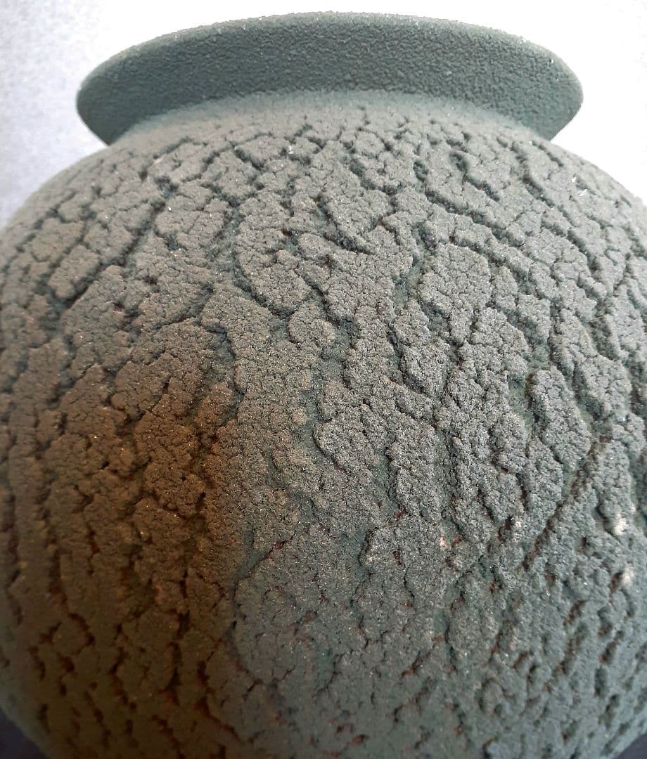 益子焼　【河原建雄】作　松皮紋　苔釉　大壺　花入れ　花瓶　共箱　陶歴書　オブジェ