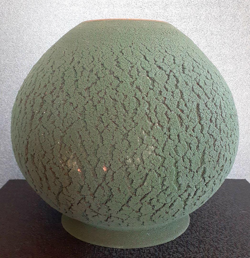 益子焼　【河原建雄】作　松皮紋　苔釉　大壺　花入れ　花瓶　共箱　陶歴書　オブジェ
