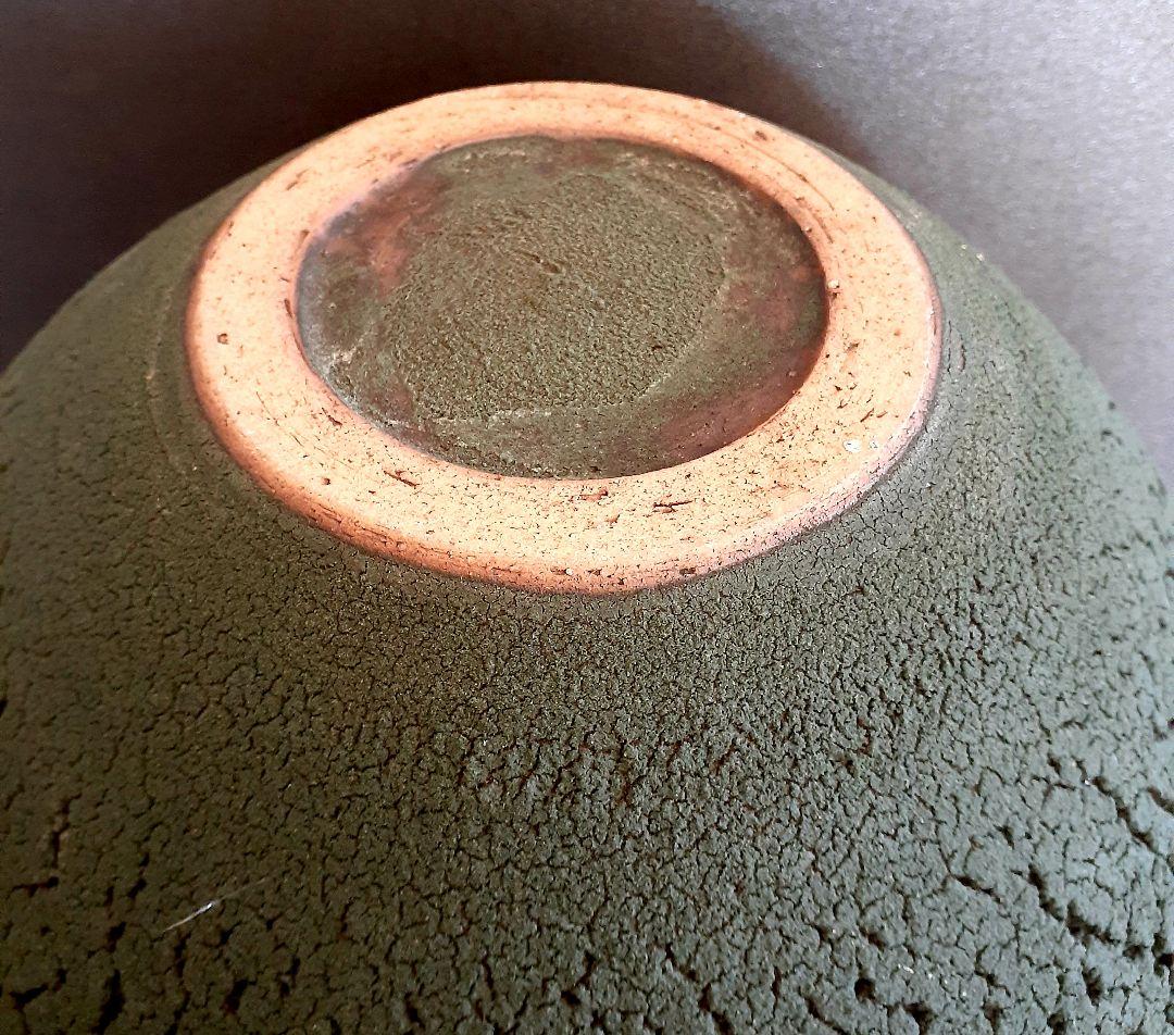 益子焼　【河原建雄】作　松皮紋　苔釉　大壺　花入れ　花瓶　共箱　陶歴書　オブジェ