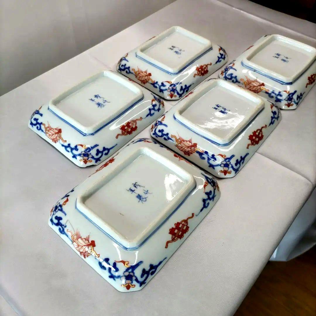 骨董　有田焼　伊万里焼　古伊万里　金彩　色絵　小皿　長角皿　角皿　5客セット