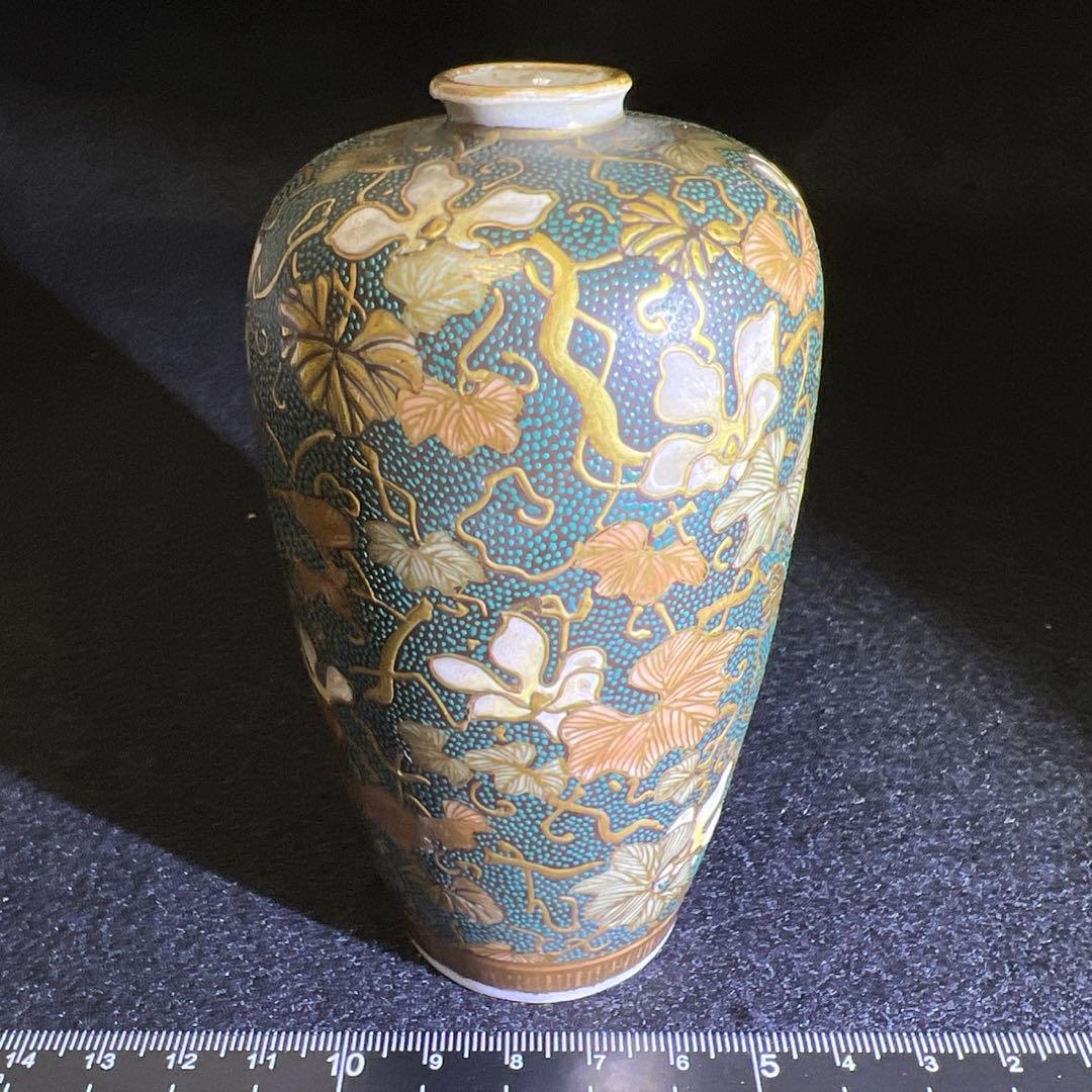 時代九谷焼　青粒手極上金彩花入　木箱付　高11.3㎝東Y7-0502⭐︎2Fトヒエ