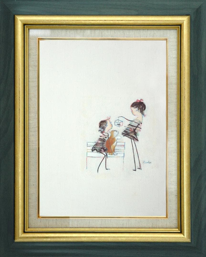 油絵 菅家令子絵 絵画インテリア額付(青緑＋金色の枠)F4-030219猫犬女子