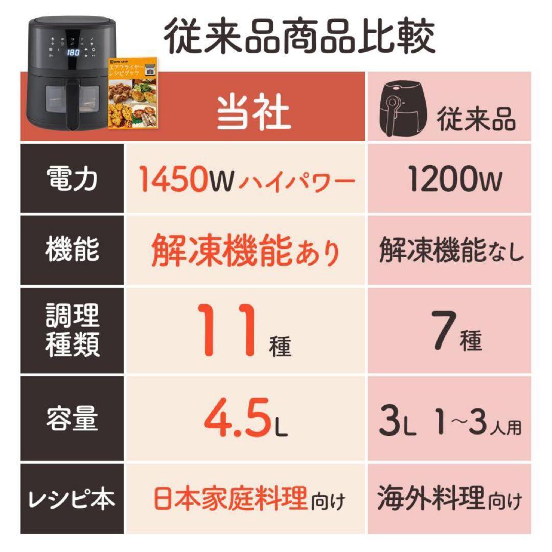 【新品】ノンフライヤー エアフライヤー 4.5L 大容量 レシピ本