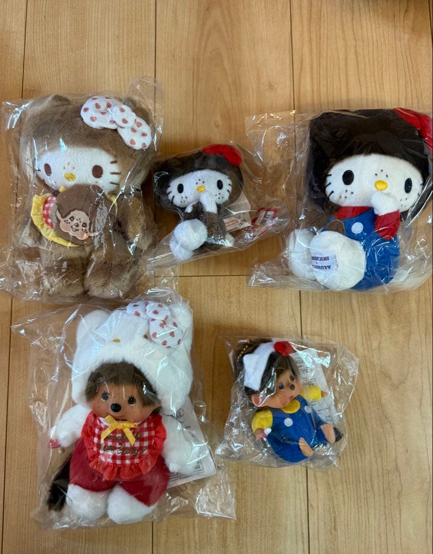 ハローキティ＆モンチッチコラボ 5点セット ぬいぐるみ ギンガム セキグチ