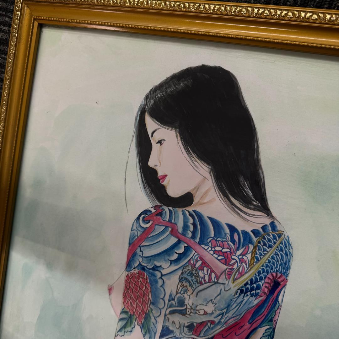 龍泉 リュウセン Ryu sen 『菊と龍』額縁 刺青 水彩画 在銘 艶絵