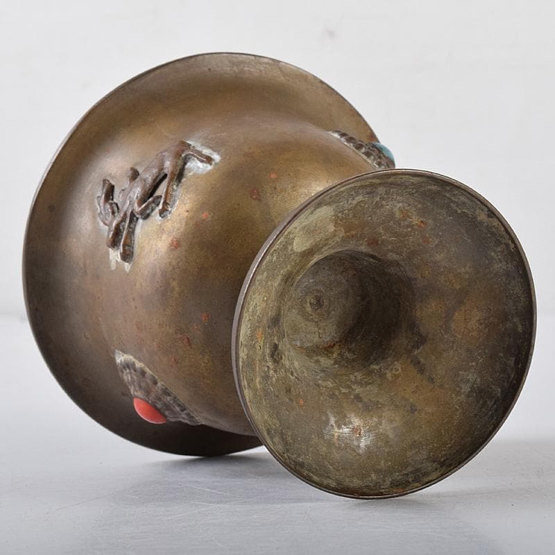 中国　古銅　鹿刻　玉石装飾　稀石嵌込　高足盃　杯　時代箱付　V　R8138