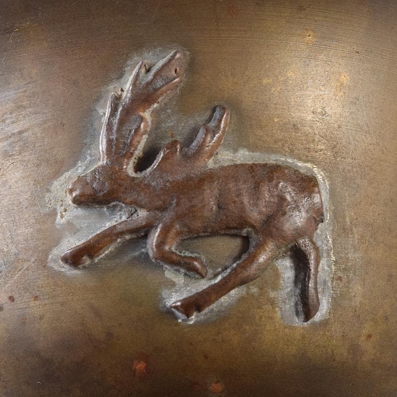 中国　古銅　鹿刻　玉石装飾　稀石嵌込　高足盃　杯　時代箱付　V　R8138