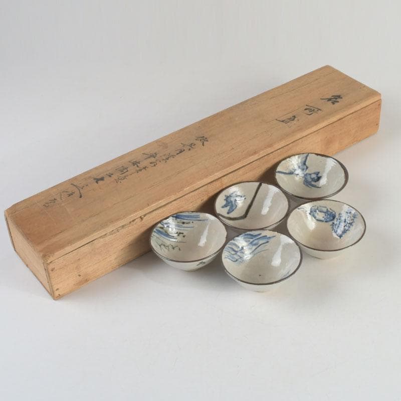 京焼　平安陶工　清水七兵衛造　染付　草鳥文　ぐい呑　盃　五客　共箱　V　9234