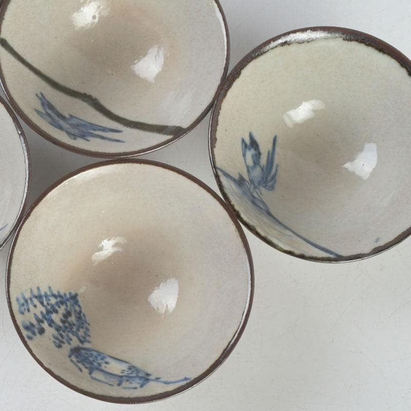 京焼　平安陶工　清水七兵衛造　染付　草鳥文　ぐい呑　盃　五客　共箱　V　9234