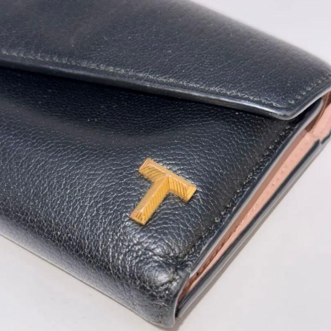 TIFFANY&Co. Tウォレット　三つ折り財布 レザー ブラック ピンク