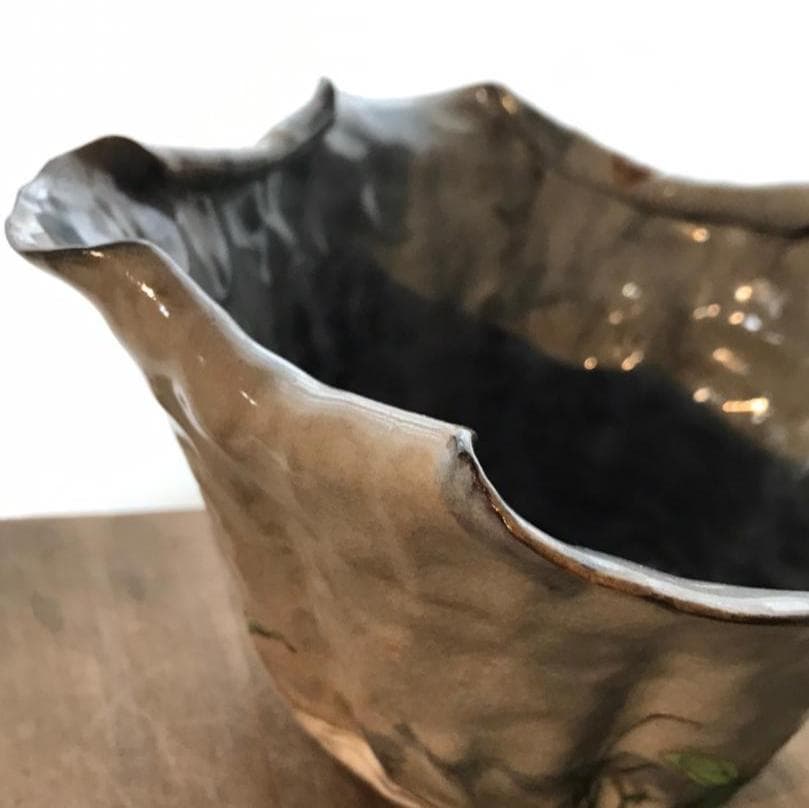 万古焼　蓮葉形丼　鴫図器　共箱　明治