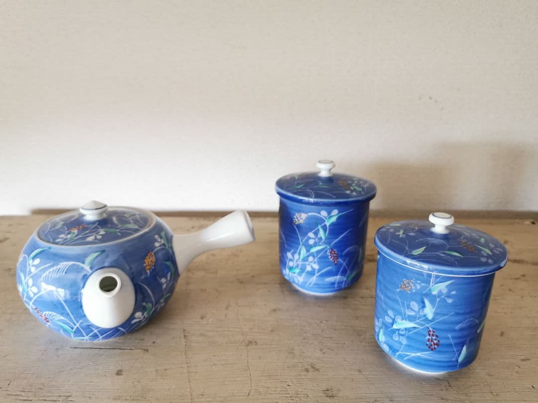 有田焼 萬右衛門 秋草手描き 蓋付きペア夫婦湯呑茶碗＆急須 茶器セット