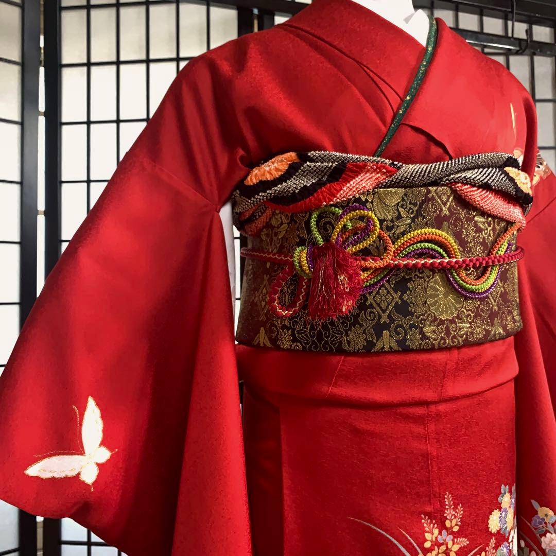 m*k様 【大特価】振袖　6点セット　蝶柄　花車　友禅　身丈166cm 朱赤系