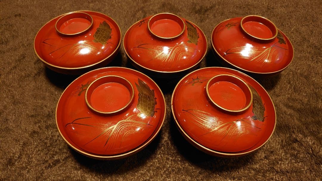 輪島塗　漆器　金蒔絵　蒔絵　蓋椀　亀の図　人間国宝　５客