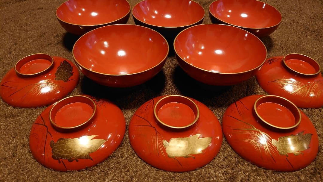 輪島塗　漆器　金蒔絵　蒔絵　蓋椀　亀の図　人間国宝　５客